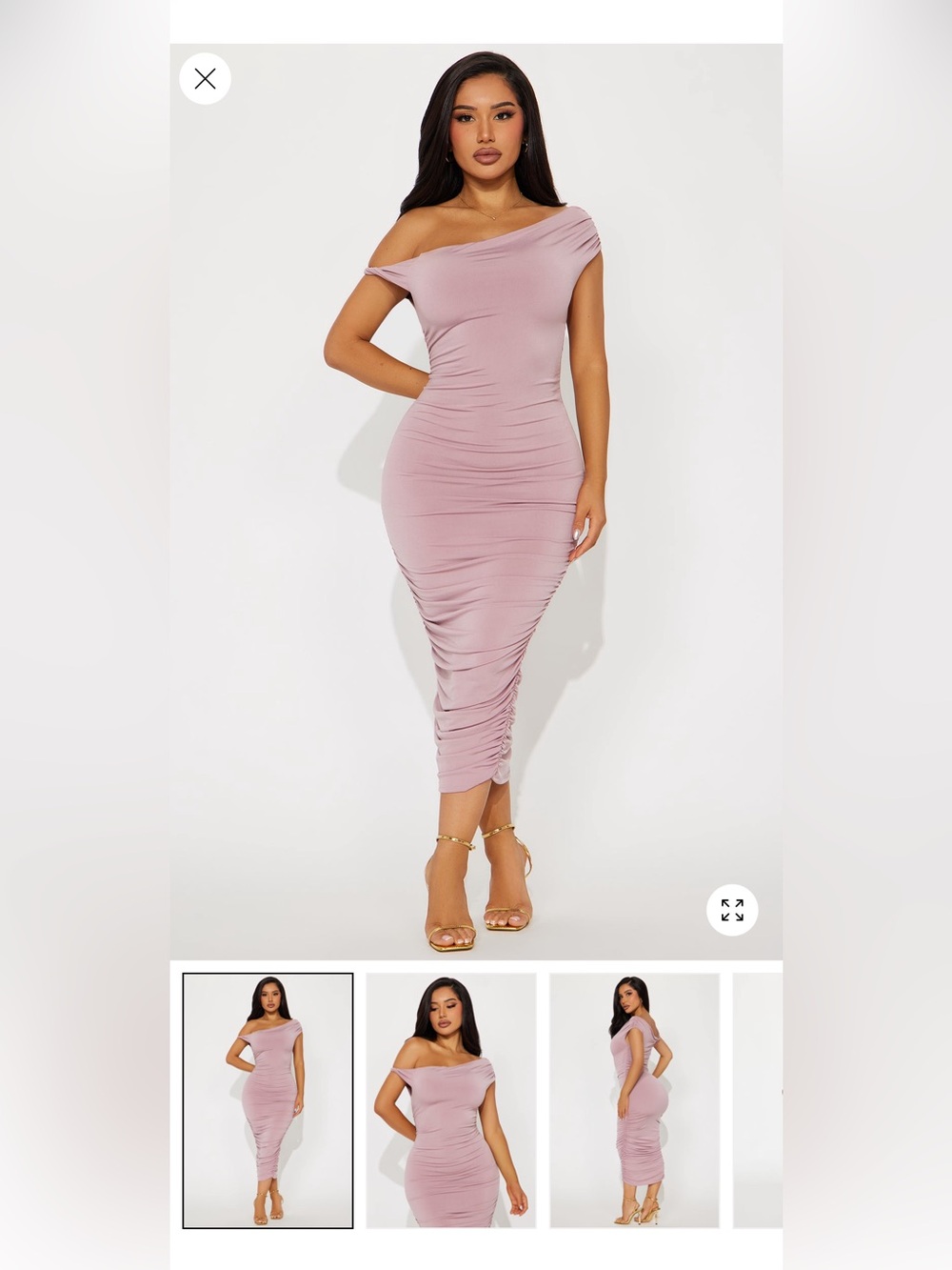 Fashion Nova One-Shoulder Ruched Midi Dress in Dusty Rose